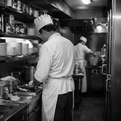 Busy Mid-Century Restaurant Kitchen Chefs