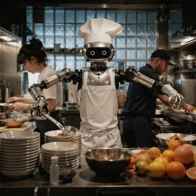 Automated Chef in Busy Restaurant Kitchen