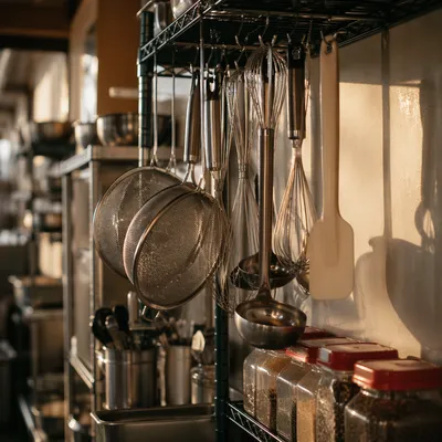 Busy Restaurant Kitchen Utensil Rack
