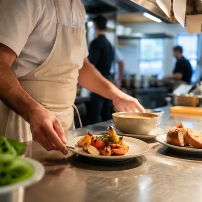 Chef Plating Dinner in Busy Restaurant Kitchen