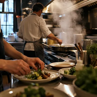 Busy Restaurant Chef Preparing Dinner Service