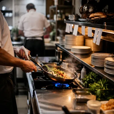 Chef Sautéing Vegetables in Busy Restaurant Kitchen