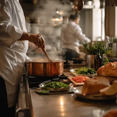 Chef Cooking in Busy Restaurant Kitchen