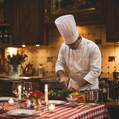 Professional Chef Cooking in Warm Traditional Kitchen