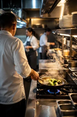 Chef Cooking in Busy Restaurant Kitchen