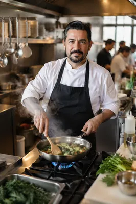 Chef Cooking in Busy Restaurant Kitchen