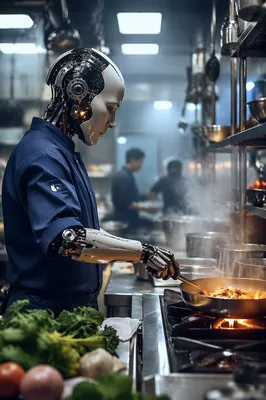 Robotic Chef Cooking in Modern Restaurant Kitchen
