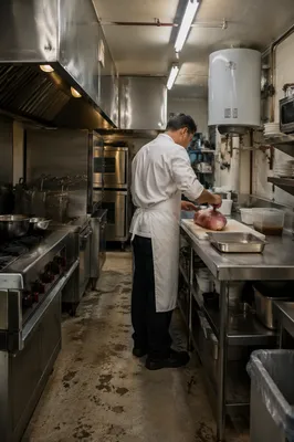 Chef Preparing Meat in Commercial Kitchen