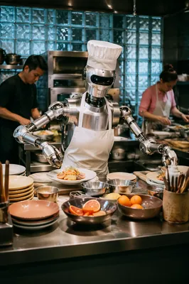 Automated Chef in Busy Restaurant Kitchen
