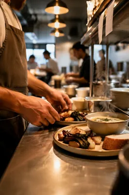 Chef Plating Meal in Busy Restaurant Kitchen