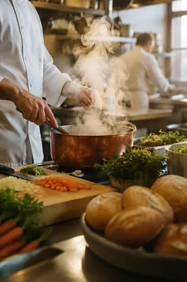 Chef Stirring Copper Pot in Busy Kitchen