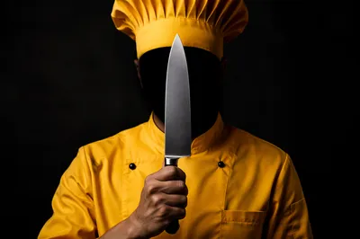 Saffron Chef Portrait with Dramatic Knife