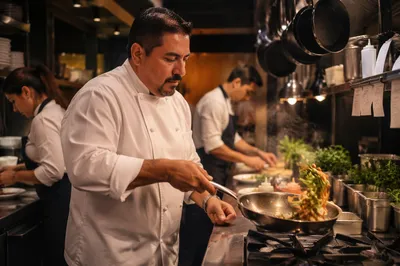 Chef Cooking in Upscale Restaurant Kitchen