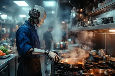 Robotic Chef Cooking in Futuristic Restaurant Kitchen