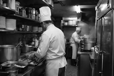 Busy Mid Century Restaurant Kitchen Chefs