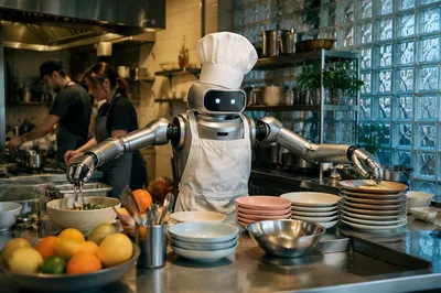 Automated Chef in Busy Restaurant Kitchen