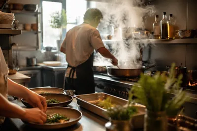 Busy Restaurant Kitchen Before Dinner Service