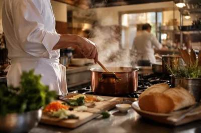 Chef Cooking in Busy Restaurant Kitchen