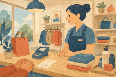 Friendly Retail Counter Service in Morning Light