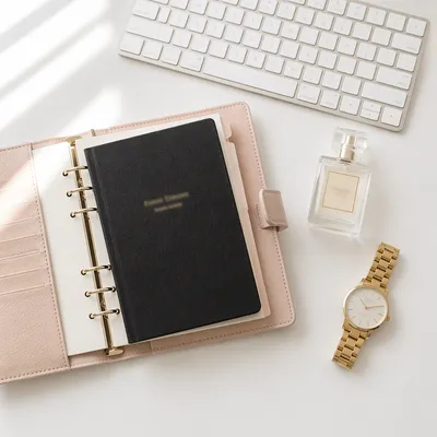 Organized Blush Planner Desk Flat Lay