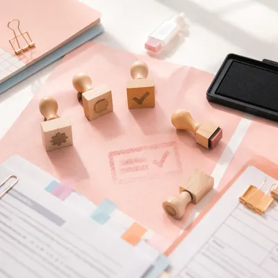Approval Stamp Workspace on Marble Desk