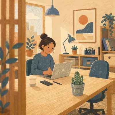 Shared Hot Desking Workspace with Warm Light