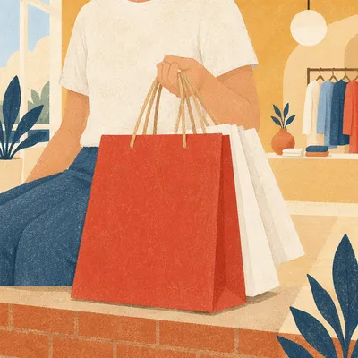 Bright Boutique Shopper Holding Red Bags