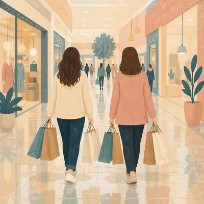 Shoppers Carrying Bags in Bright Retail Mall
