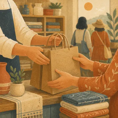 Warm Retail Checkout With Kraft Shopping Bags
