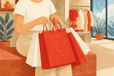 Shopper Holding Red Bags in Retail Store