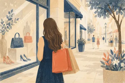 Elegant Shopper by Sunlit Retail Window