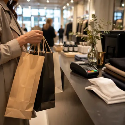 Customer Holding Shopping Bags at Checkout