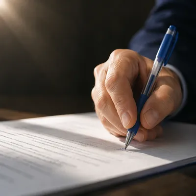 Hand Signing Business Contract With Blue Pen
