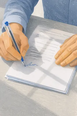 Hands Signing Business Contract with Blue Pen