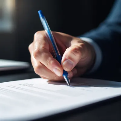 Hand Signing Business Contract with Blue Pen