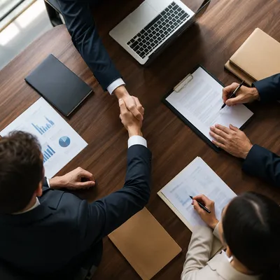 Professional Contract Signing and Business Handshake