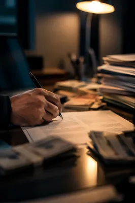 Hand Signing Contract on Moody Office Desk