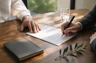 Trustworthy Business Contract Signing at Wooden Table