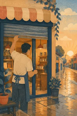 Small Business Owner Opening Shop at Sunrise
