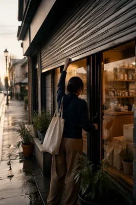 Small Business Owner Opening Shop at Sunrise