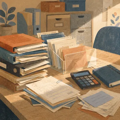Cluttered Office Desk With Stacked Document Folders
