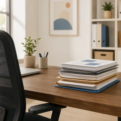 Organized Office Documents on Wooden Desk