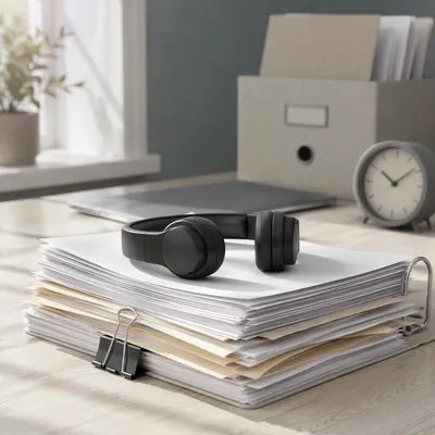 Organized Office Documents With Headphones