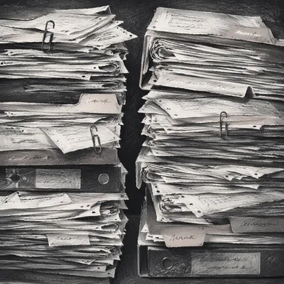 Messy Office Document Stacks in Grayscale