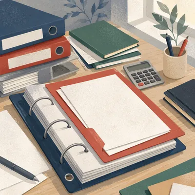 Busy Office Desk with Stacked Documents