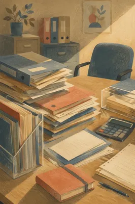 Cluttered Office Desk With Document Folders