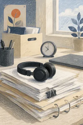 Organized Office Documents with Headphones