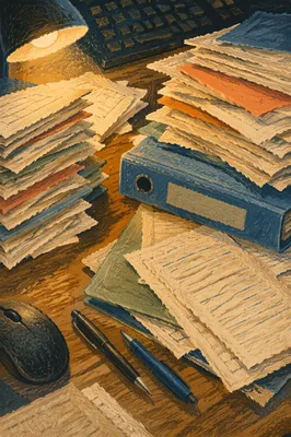 Overloaded Office Desk with Document Stacks