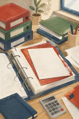 Busy Office Desk with Stacked Documents