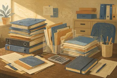Cluttered Office Desk With Stacked Document Folders